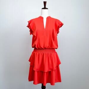 Amanda Uprichard Orange Ruffle Smocked Waist Blouson Cap Sleeve Mini Dress